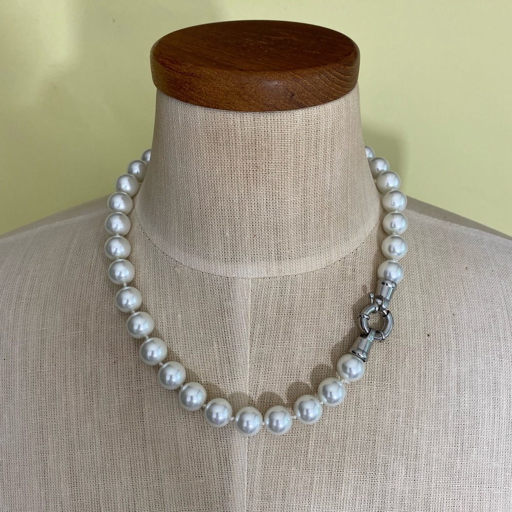 Faux 10mm Pearl Necklace with Spring Ring Clasp 19 1/4” Long